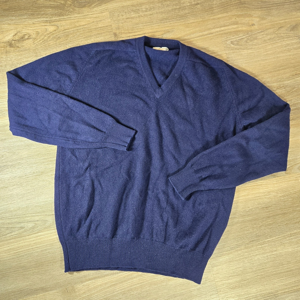 Vintage Braemar Cashmere Sweater Mens XL Navy Blue V Neck 100% Pure Hong Kong